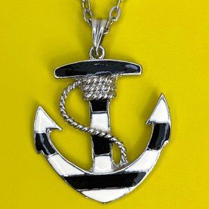 Silver tone 2 x 1-5/8 inch Anchor Necklace with 19 in chain, Black and White